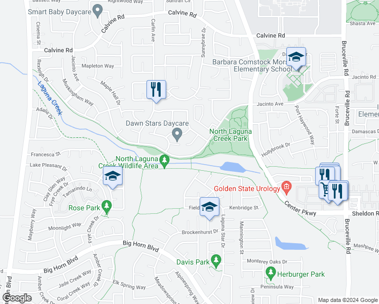 map of restaurants, bars, coffee shops, grocery stores, and more near 6141 Jacinto Avenue in Sacramento
