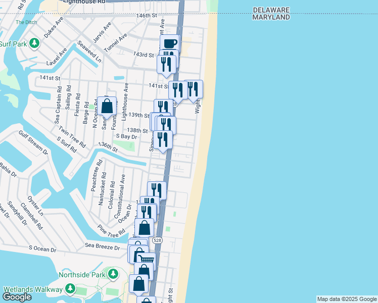map of restaurants, bars, coffee shops, grocery stores, and more near 13607 Wight Street in Ocean City