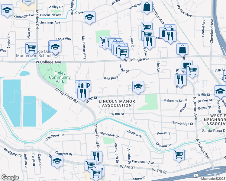 map of restaurants, bars, coffee shops, grocery stores, and more near 721 Blair Pl in Santa Rosa