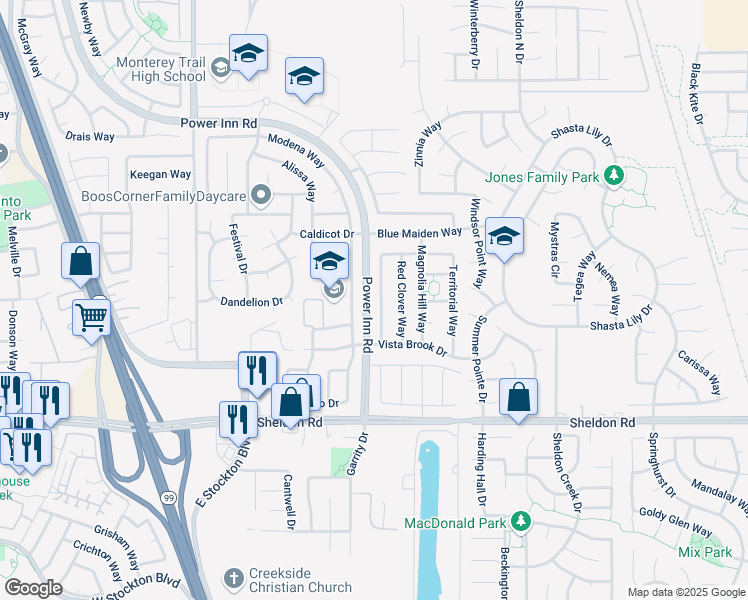 map of restaurants, bars, coffee shops, grocery stores, and more near 8457 Felton Crest Way in Elk Grove