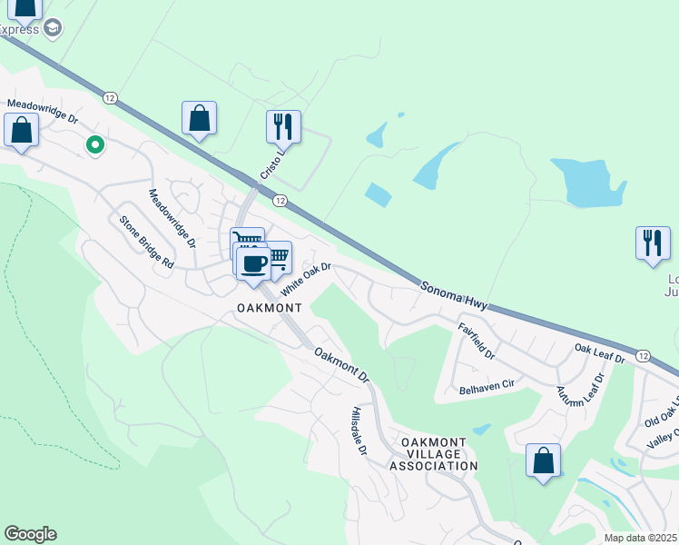 map of restaurants, bars, coffee shops, grocery stores, and more near 2 Valley Green Street in Santa Rosa