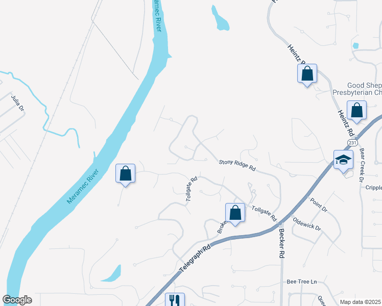 map of restaurants, bars, coffee shops, grocery stores, and more near 1 Duffview Court in St. Louis