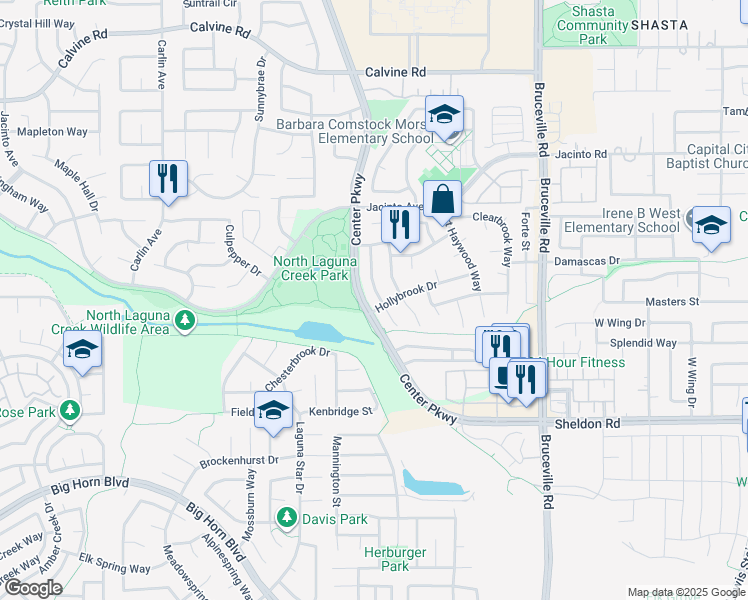 map of restaurants, bars, coffee shops, grocery stores, and more near 8694 Bluefield Way in Sacramento
