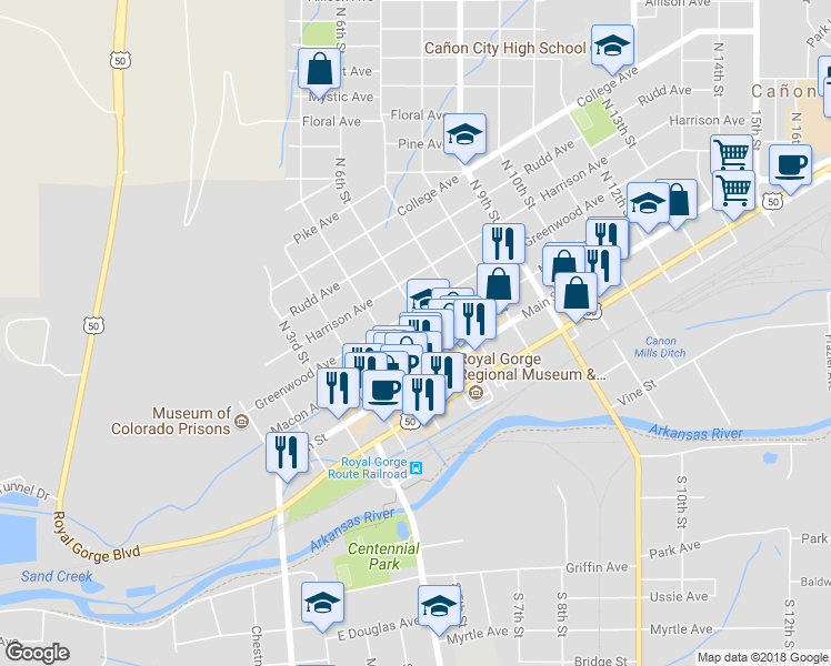 map of restaurants, bars, coffee shops, grocery stores, and more near 201 North 6th Street in Cañon City