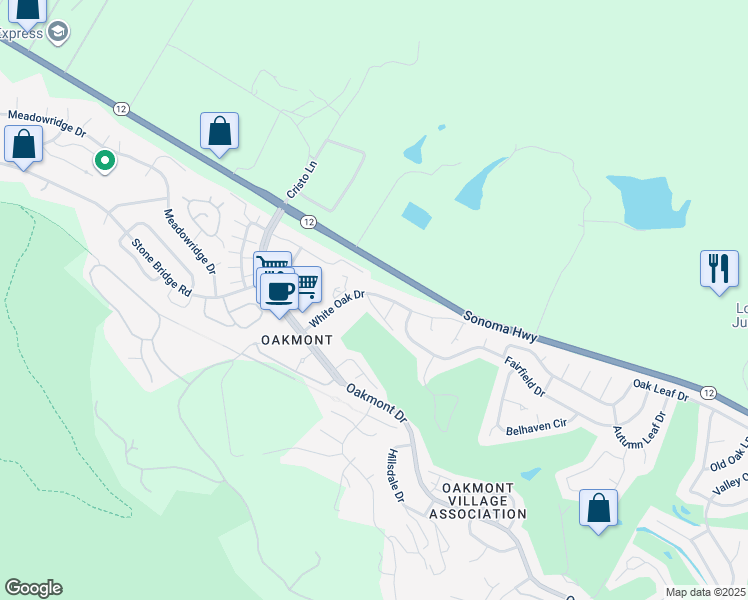 map of restaurants, bars, coffee shops, grocery stores, and more near 2 Valley Green Street in Santa Rosa