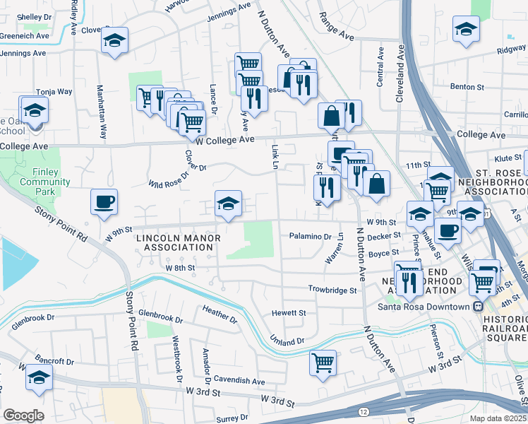 map of restaurants, bars, coffee shops, grocery stores, and more near 809 West 9th Street in Santa Rosa