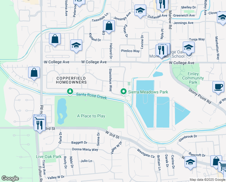 map of restaurants, bars, coffee shops, grocery stores, and more near 1013 Stanislaus Way in Santa Rosa