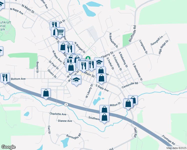 map of restaurants, bars, coffee shops, grocery stores, and more near 205 South Main Street in Columbia