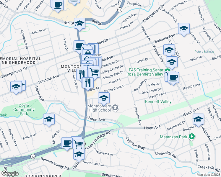 map of restaurants, bars, coffee shops, grocery stores, and more near 2541 Spring Creek Drive in Santa Rosa