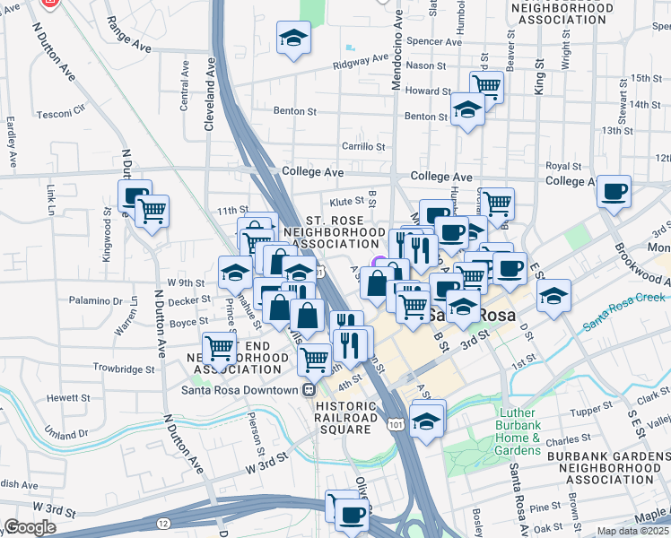 map of restaurants, bars, coffee shops, grocery stores, and more near 736 Morgan Street in Santa Rosa