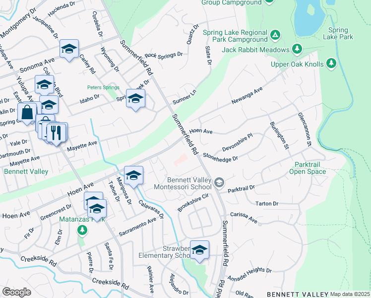 map of restaurants, bars, coffee shops, grocery stores, and more near 2445 Summerfield Road in Santa Rosa