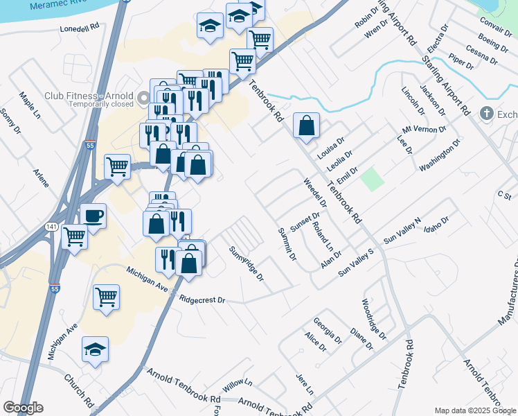 map of restaurants, bars, coffee shops, grocery stores, and more near 2255 Summit Drive in Arnold