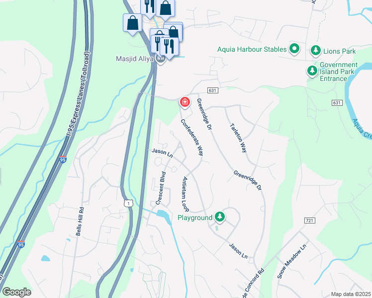 map of restaurants, bars, coffee shops, grocery stores, and more near 304 Hatchers Run Court in Stafford