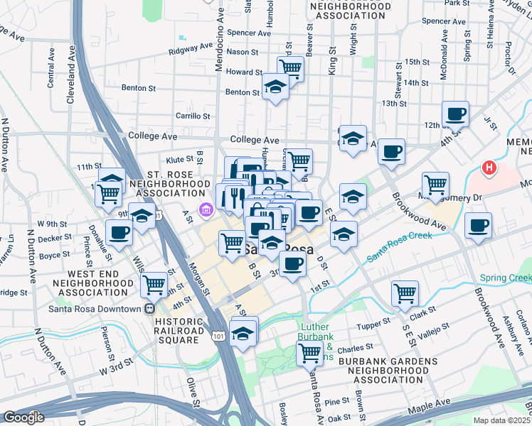map of restaurants, bars, coffee shops, grocery stores, and more near 450 Mendocino Avenue in Santa Rosa