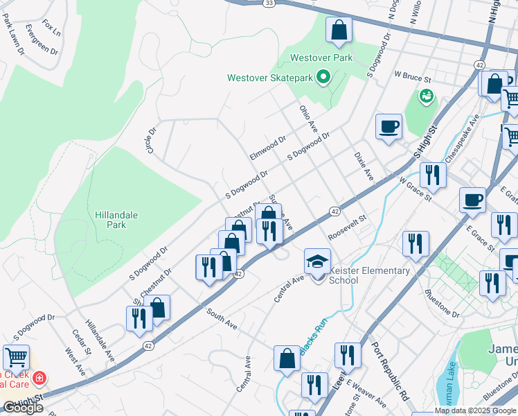 map of restaurants, bars, coffee shops, grocery stores, and more near 914 Chestnut Drive in Harrisonburg