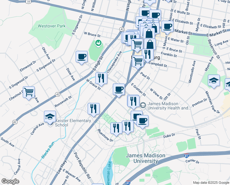 map of restaurants, bars, coffee shops, grocery stores, and more near in Harrisonburg
