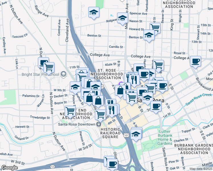 map of restaurants, bars, coffee shops, grocery stores, and more near 738 Morgan Street in Santa Rosa