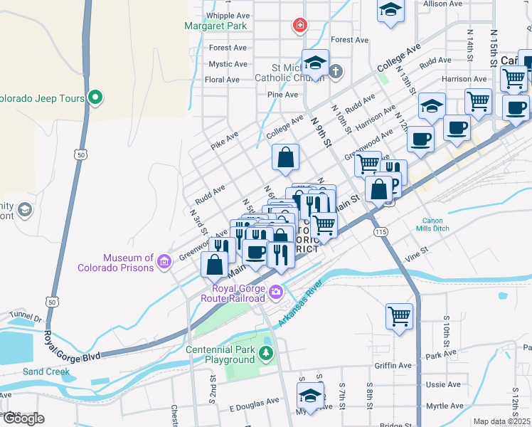 map of restaurants, bars, coffee shops, grocery stores, and more near 502 Greenwood Avenue in Cañon City