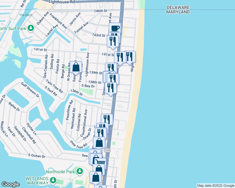 map of restaurants, bars, coffee shops, grocery stores, and more near 9 137th Street in Ocean City