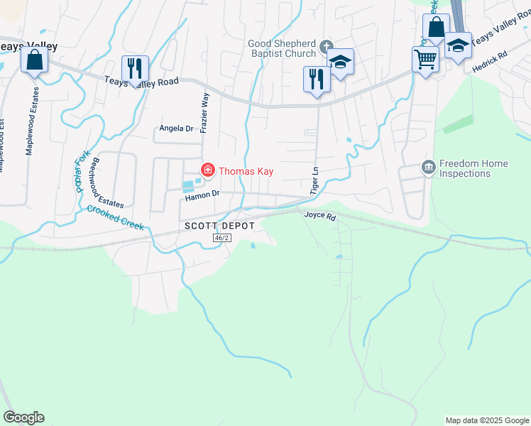 map of restaurants, bars, coffee shops, grocery stores, and more near 469 Tiger Lane in Teays Valley