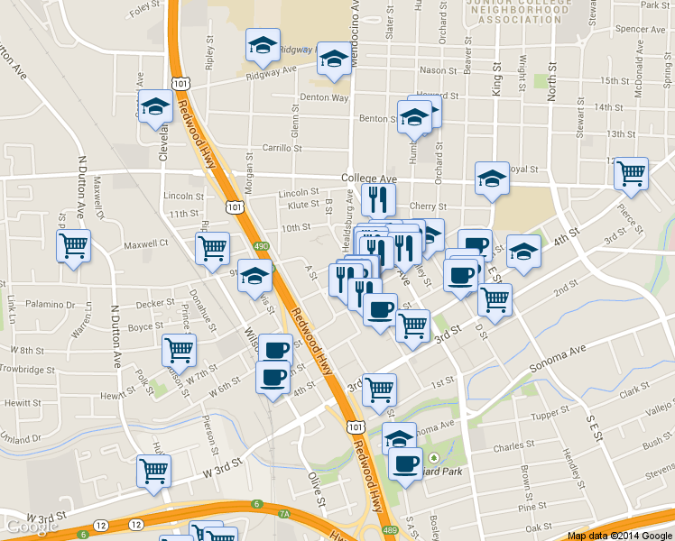 map of restaurants, bars, coffee shops, grocery stores, and more near 433 7th Street in Santa Rosa