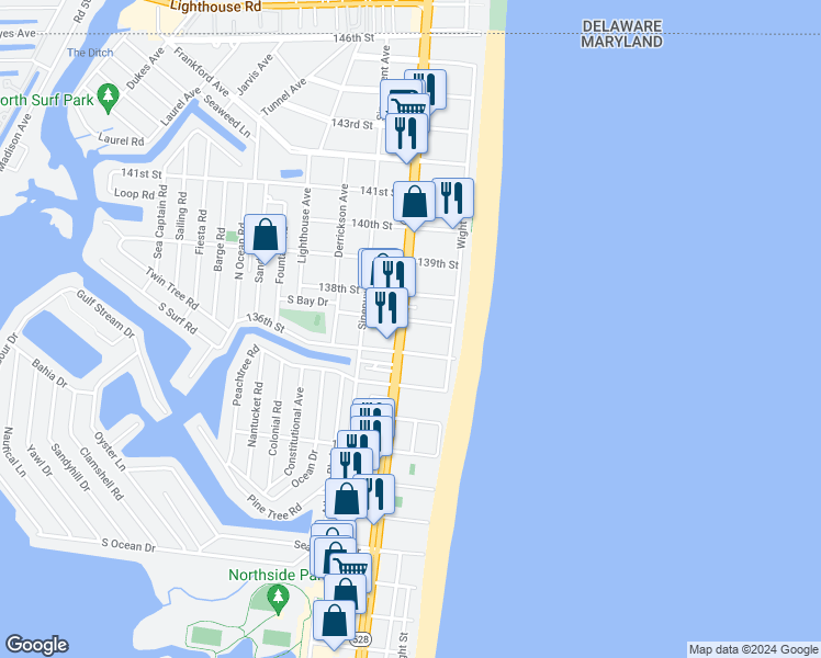 map of restaurants, bars, coffee shops, grocery stores, and more near 9 137th Street in Ocean City