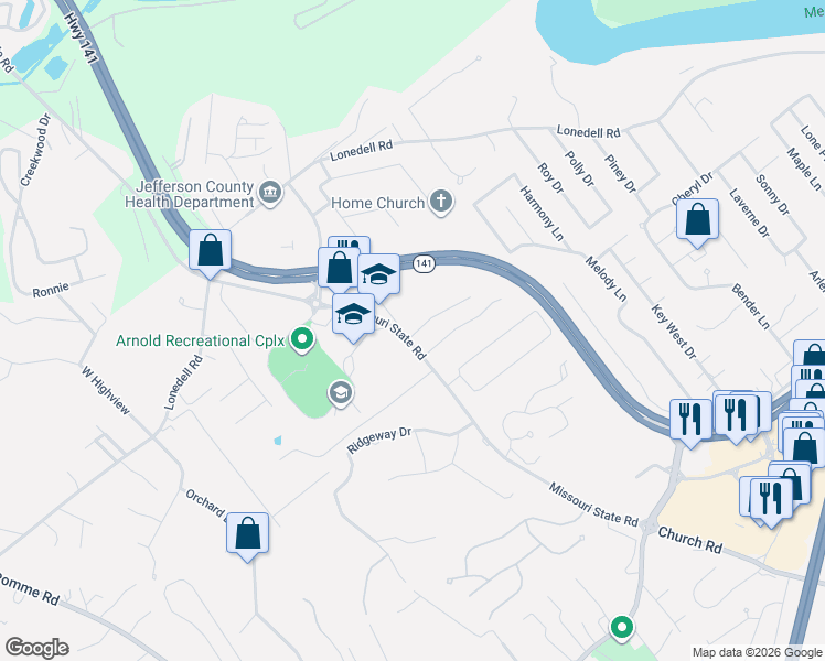 map of restaurants, bars, coffee shops, grocery stores, and more near 1 Crosswinds Drive in Arnold