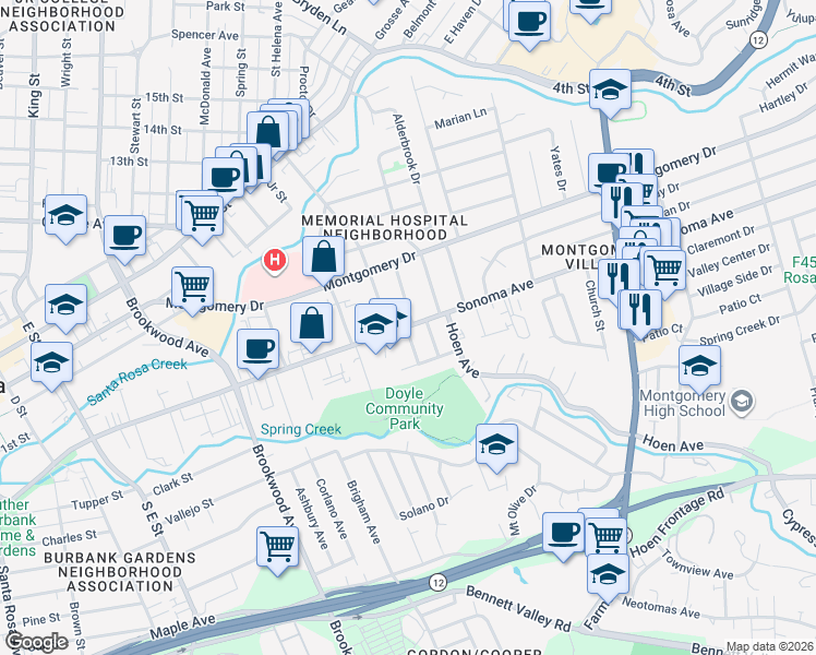 map of restaurants, bars, coffee shops, grocery stores, and more near 600 Bishop Drive in Santa Rosa