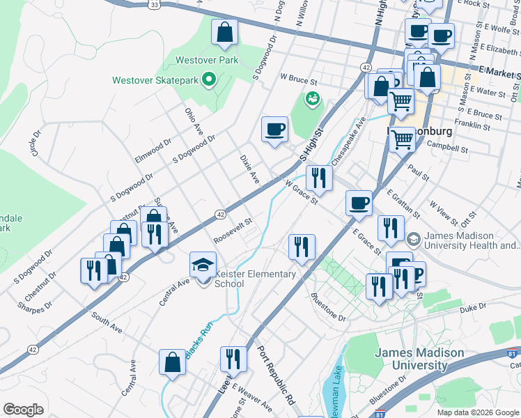 map of restaurants, bars, coffee shops, grocery stores, and more near 511 Roosevelt Street in Harrisonburg