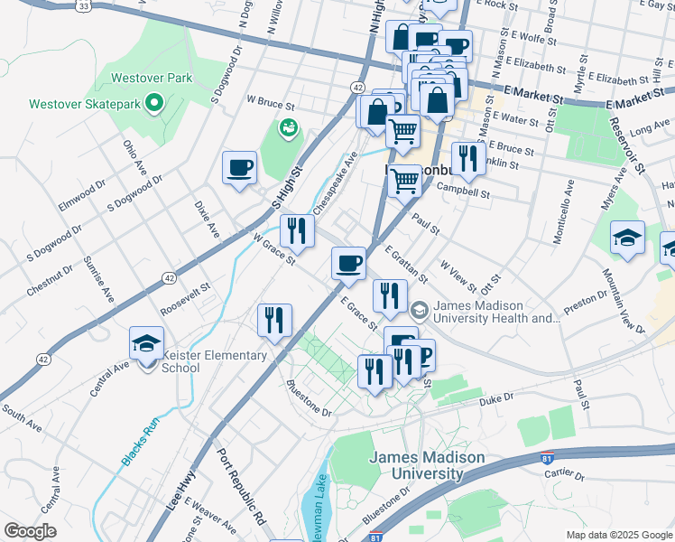 map of restaurants, bars, coffee shops, grocery stores, and more near 725 South Main Street in Harrisonburg