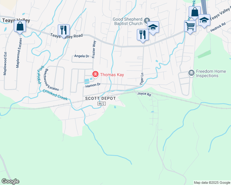 map of restaurants, bars, coffee shops, grocery stores, and more near 469 Scott Lane in Teays Valley