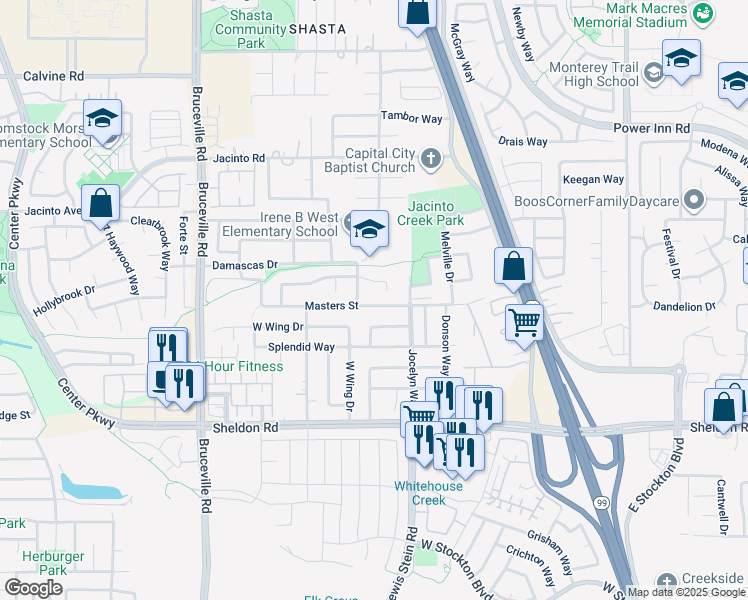 map of restaurants, bars, coffee shops, grocery stores, and more near 7711 Masters Street in Elk Grove