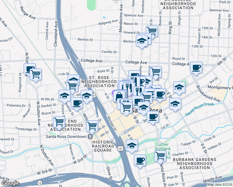 map of restaurants, bars, coffee shops, grocery stores, and more near 433 7th Street in Santa Rosa