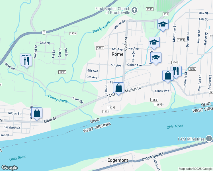 map of restaurants, bars, coffee shops, grocery stores, and more near 100 Township Road 1055 in Proctorville