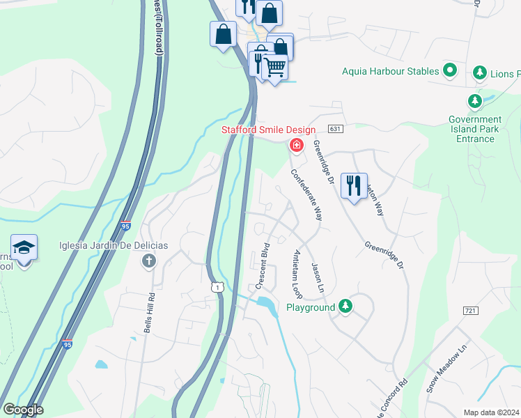 map of restaurants, bars, coffee shops, grocery stores, and more near 405 Sedgwick Court in Stafford
