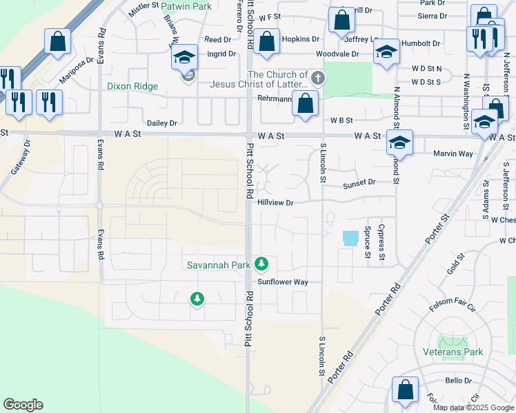 map of restaurants, bars, coffee shops, grocery stores, and more near 1345 Hillview Drive in Dixon