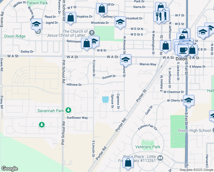 map of restaurants, bars, coffee shops, grocery stores, and more near 970 Mayfair Drive in Dixon