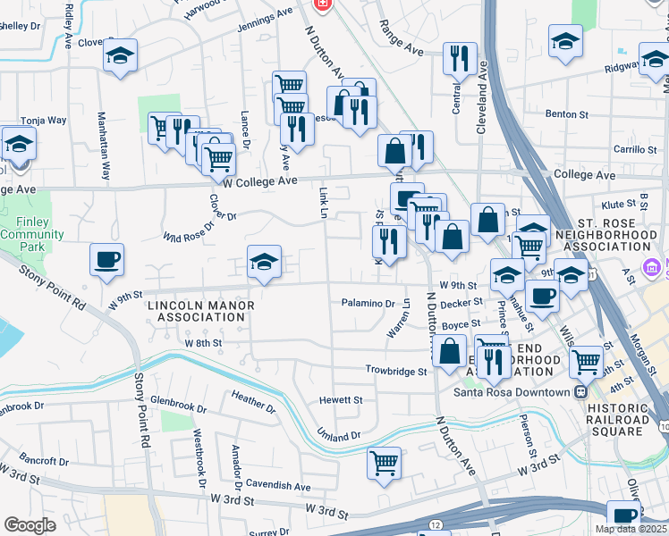 map of restaurants, bars, coffee shops, grocery stores, and more near 908 Link Lane in Santa Rosa
