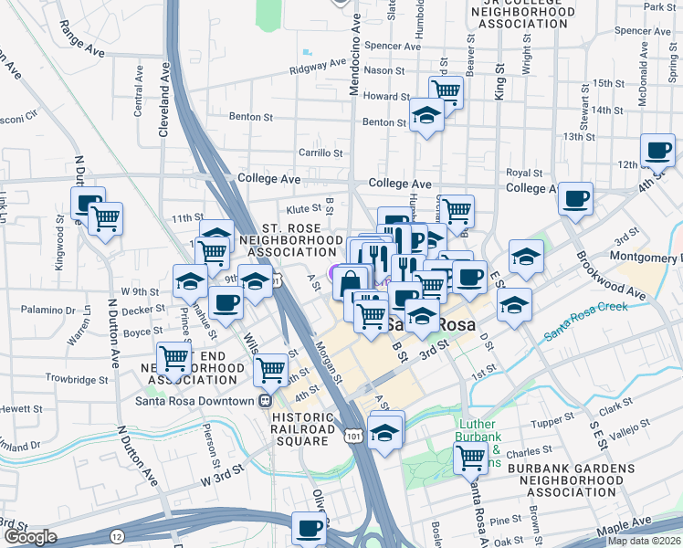 map of restaurants, bars, coffee shops, grocery stores, and more near 433 7th Street in Santa Rosa