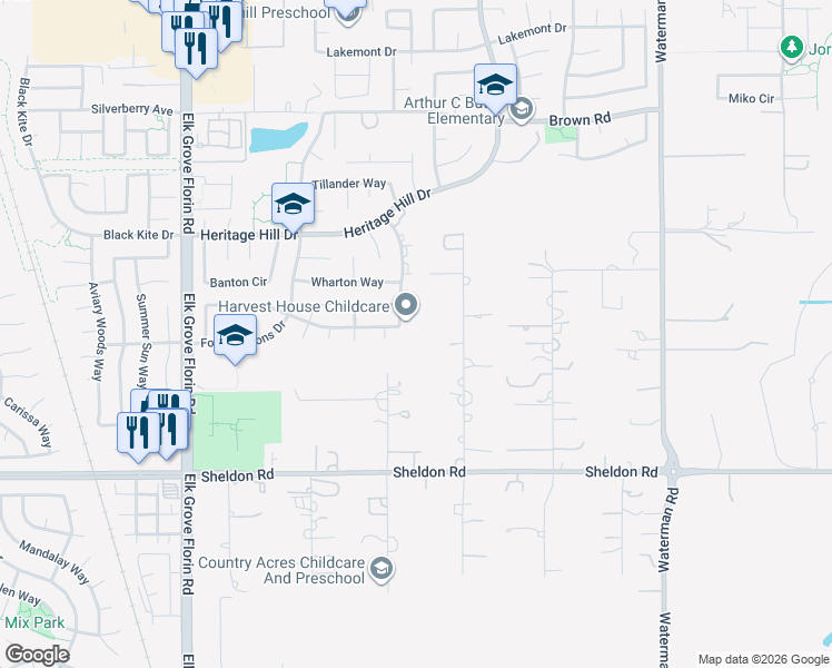 map of restaurants, bars, coffee shops, grocery stores, and more near 8699 Quiet Dawn Court in Elk Grove