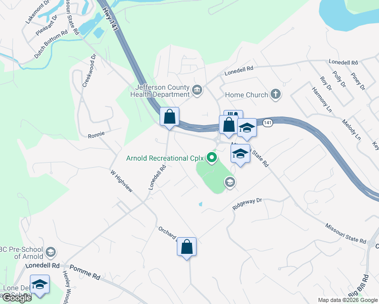 map of restaurants, bars, coffee shops, grocery stores, and more near 1664 Kirkham Drive in Arnold