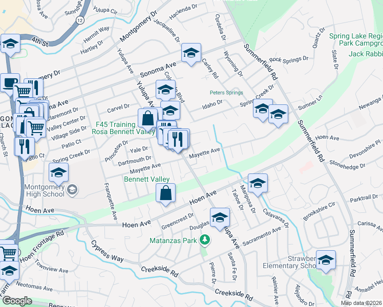 map of restaurants, bars, coffee shops, grocery stores, and more near 3900 Mayette Avenue in Santa Rosa