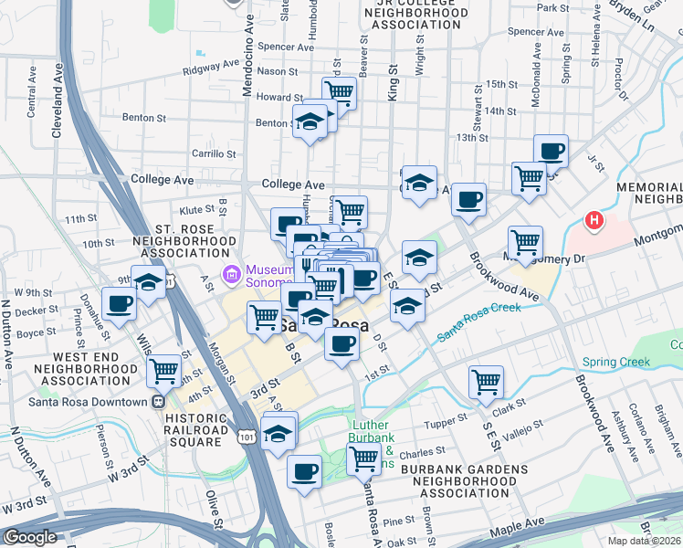 map of restaurants, bars, coffee shops, grocery stores, and more near 415 Humboldt Street in Santa Rosa