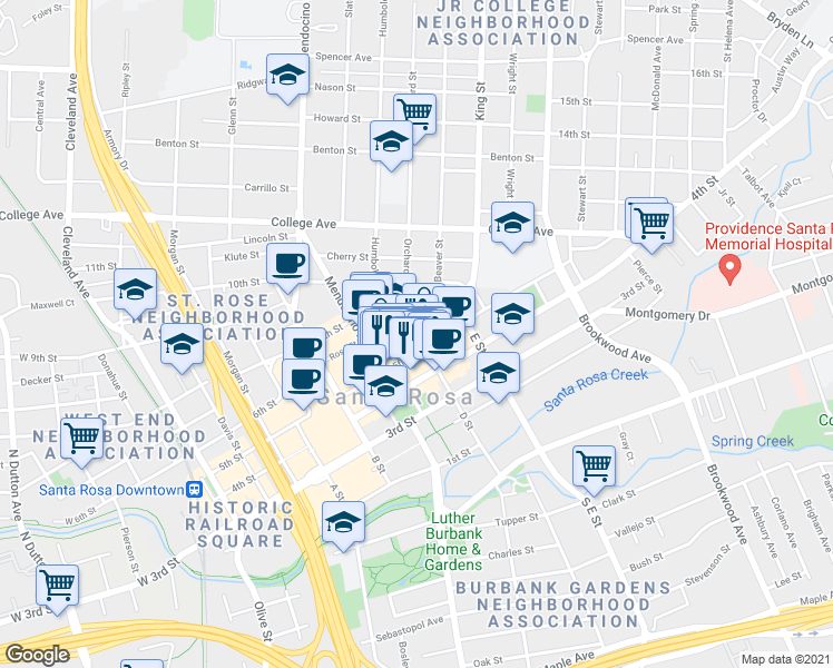 map of restaurants, bars, coffee shops, grocery stores, and more near 415 Humboldt Street in Santa Rosa