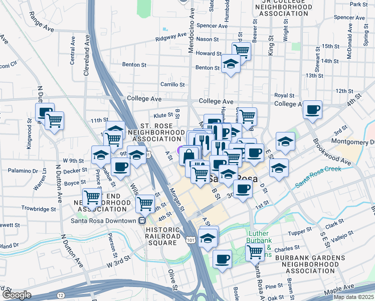 map of restaurants, bars, coffee shops, grocery stores, and more near 433 7th Street in Santa Rosa
