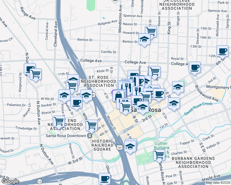 map of restaurants, bars, coffee shops, grocery stores, and more near 433 7th Street in Santa Rosa