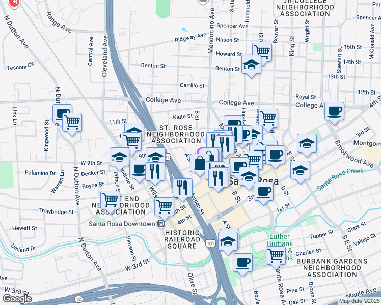 map of restaurants, bars, coffee shops, grocery stores, and more near 521 A Street in Santa Rosa