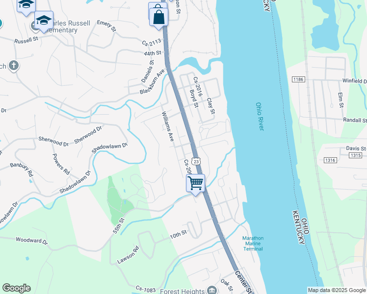 map of restaurants, bars, coffee shops, grocery stores, and more near 5213 Williams Avenue in Ashland