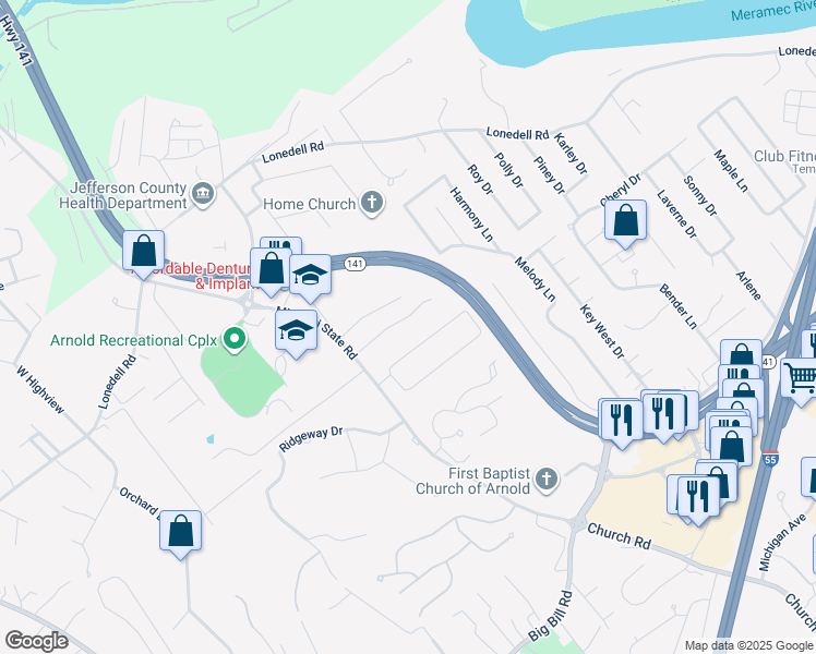 map of restaurants, bars, coffee shops, grocery stores, and more near 346 Oak Ridge Parkway in Arnold
