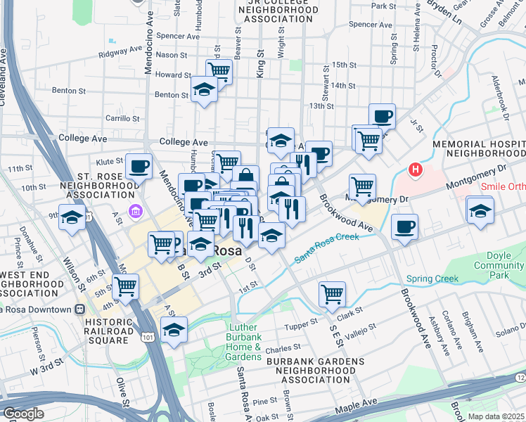 map of restaurants, bars, coffee shops, grocery stores, and more near 802 4th Street in Santa Rosa